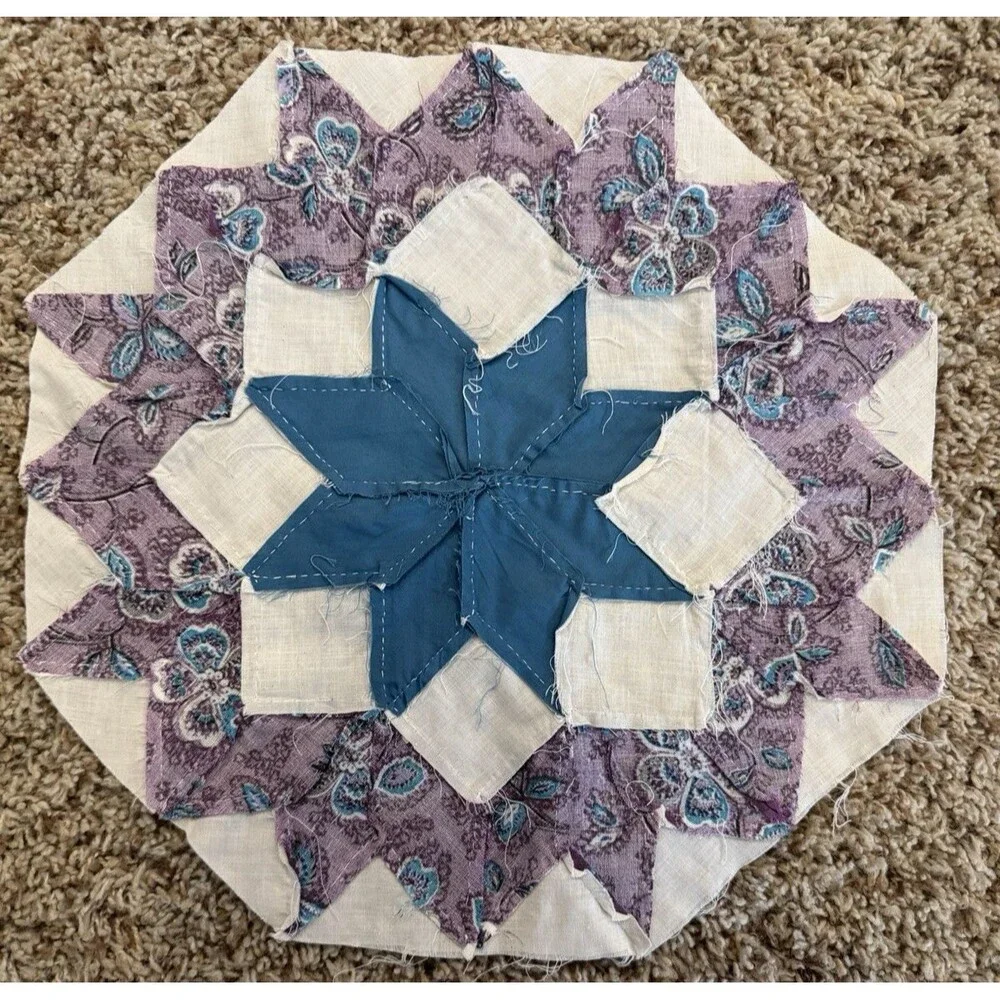 Vintage Hand Pieced Quilt Block Orphan Square 8-Point Star Purple Teal 14